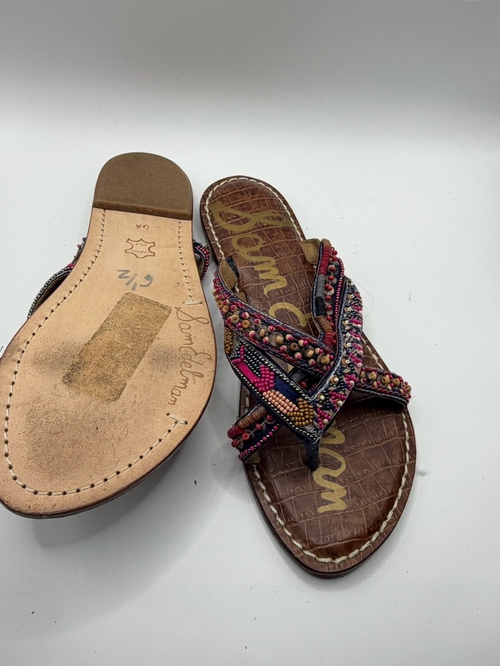 Sam Edelman Hand-Beaded Bohemian Style Brown Leather Thong Sandals - Picture 6 of 6